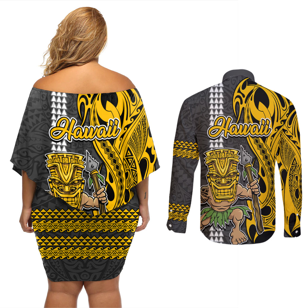 Hawaii Molokai Island Couples Matching Off Shoulder Short Dress and Long Sleeve Button Shirts Hawaiian Warrior and Kakau Symbols Abstract Tattoo LT03 - Polynesian Pride