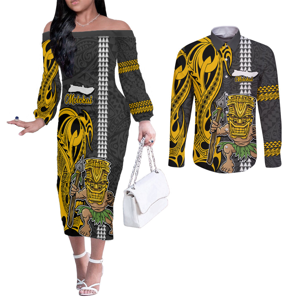 Hawaii Molokai Island Couples Matching Off The Shoulder Long Sleeve Dress and Long Sleeve Button Shirts Hawaiian Warrior and Kakau Symbols Abstract Tattoo LT03 Yellow - Polynesian Pride