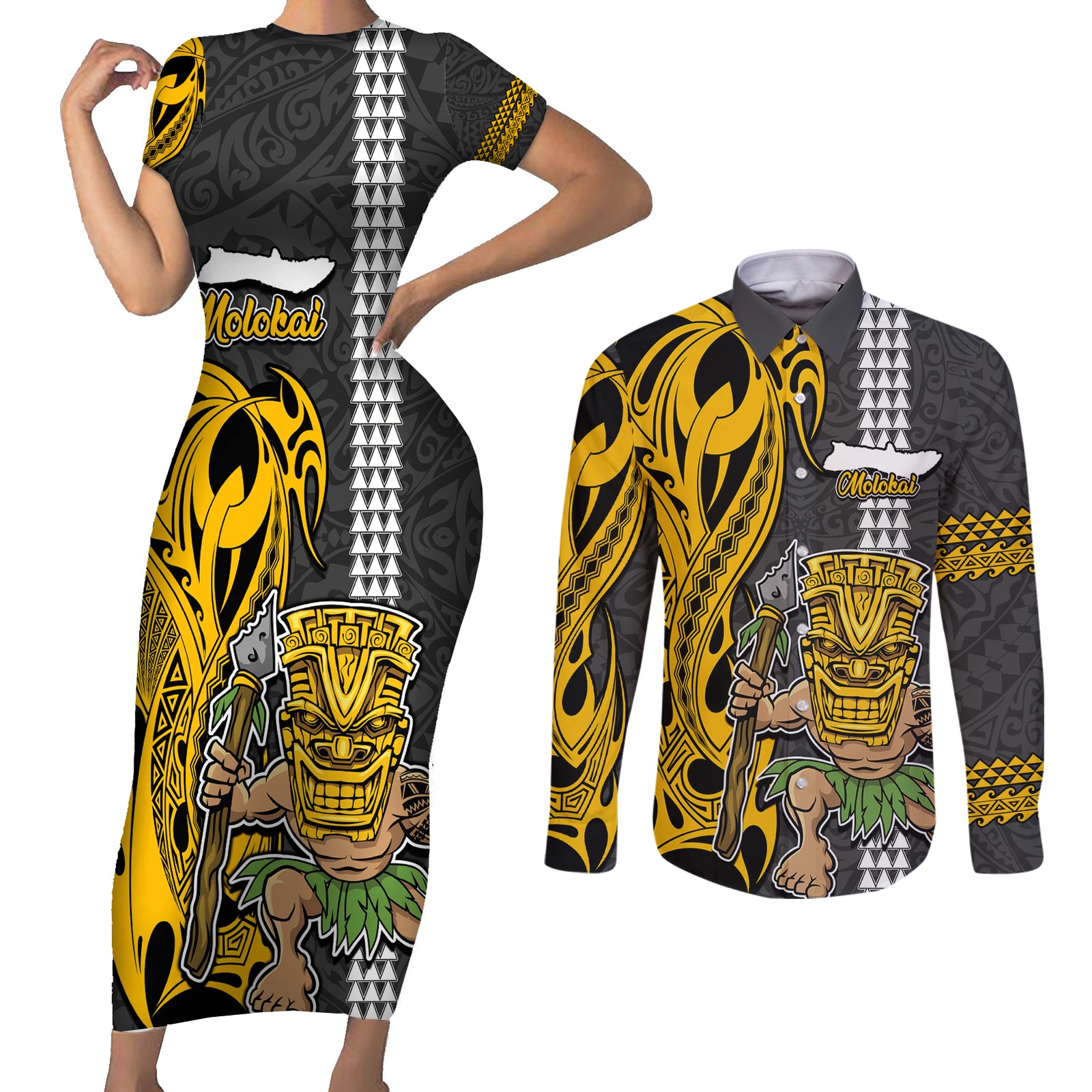 Hawaii Molokai Island Couples Matching Short Sleeve Bodycon Dress and Long Sleeve Button Shirts Hawaiian Warrior and Kakau Symbols Abstract Tattoo LT03 Yellow - Polynesian Pride