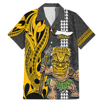 Hawaii Molokai Island Family Matching Mermaid Dress and Hawaiian Shirt Hawaiian Warrior and Kakau Symbols Abstract Tattoo LT03 Dad's Shirt - Short Sleeve Yellow - Polynesian Pride