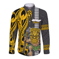 Hawaii Molokai Island Long Sleeve Button Shirt Hawaiian Warrior and Kakau Symbols Abstract Tattoo LT03 Unisex Yellow - Polynesian Pride