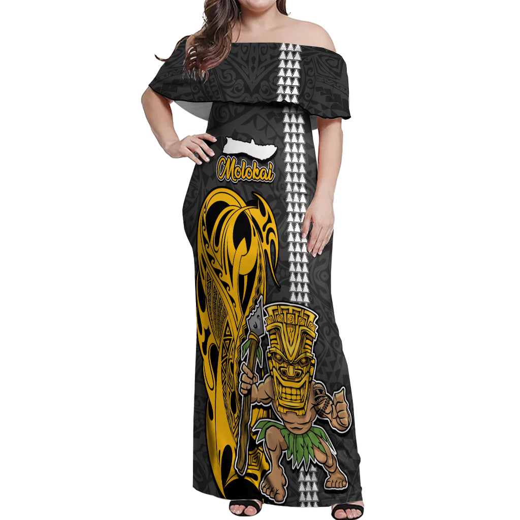Hawaii Molokai Island Off Shoulder Maxi Dress Hawaiian Warrior and Kakau Symbols Abstract Tattoo LT03 Women Yellow - Polynesian Pride