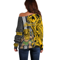 Hawaii Molokai Island Off Shoulder Sweater Hawaiian Warrior and Kakau Symbols Abstract Tattoo LT03 - Polynesian Pride