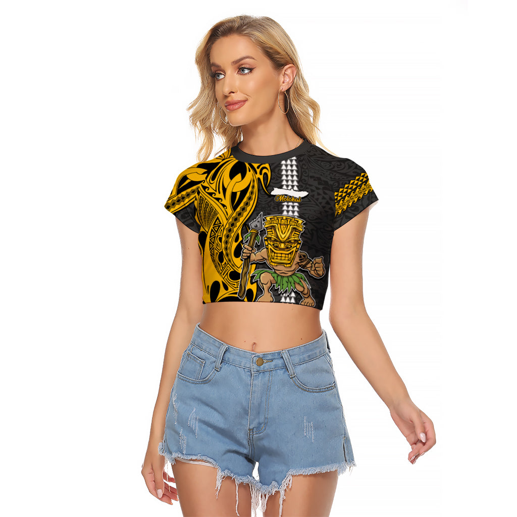 Hawaii Molokai Island Raglan Cropped T Shirt Hawaiian Warrior and Kakau Symbols Abstract Tattoo LT03 Female Yellow - Polynesian Pride