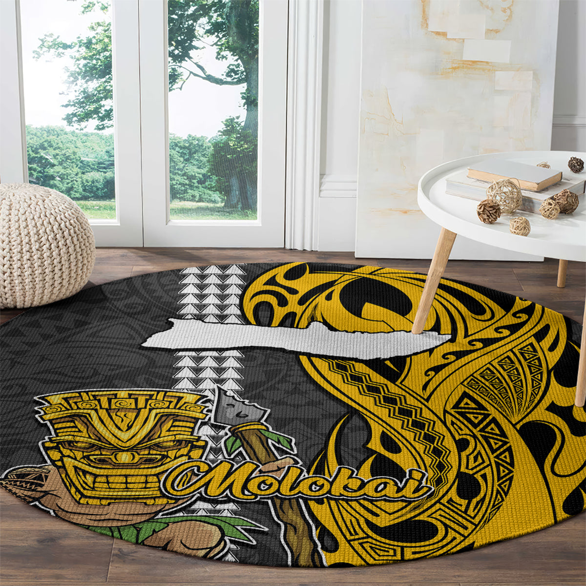 Hawaii Molokai Island Round Carpet Hawaiian Warrior and Kakau Symbols Abstract Tattoo LT03 - Polynesian Pride