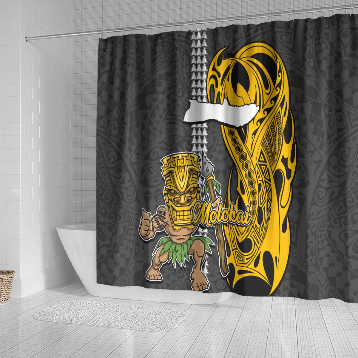 Hawaii Molokai Island Shower Curtain Hawaiian Warrior and Kakau Symbols Abstract Tattoo LT03 - Polynesian Pride