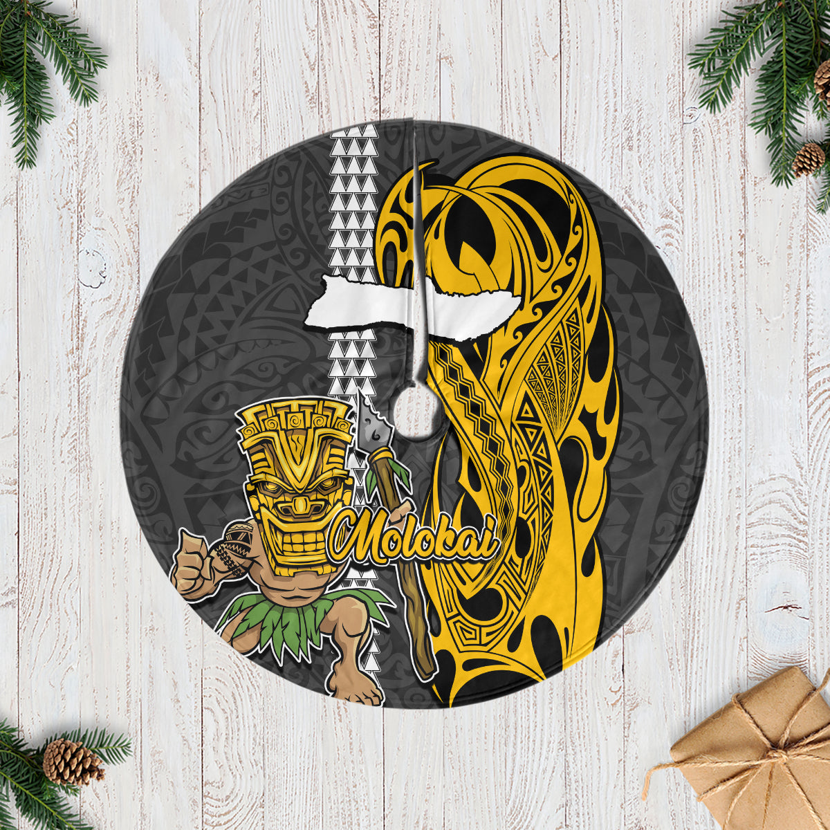 Hawaii Molokai Island Tree Skirt Hawaiian Warrior and Kakau Symbols Abstract Tattoo LT03 Yellow - Polynesian Pride