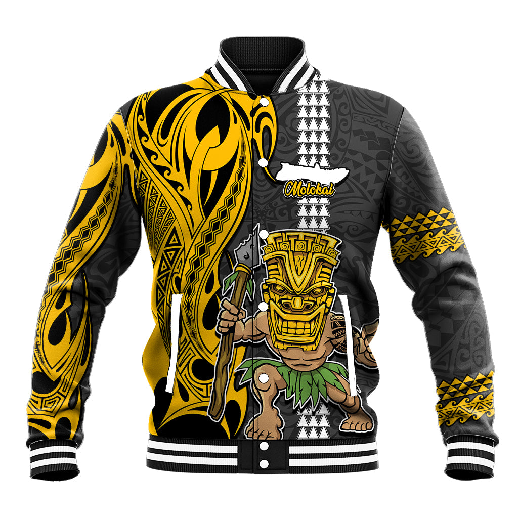 Custom Hawaii Molokai Island Baseball Jacket Hawaiian Warrior and Kakau Symbols Abstract Tattoo LT03 Unisex Yellow - Polynesian Pride