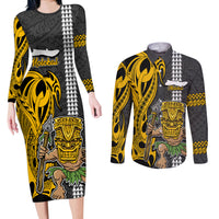 Custom Hawaii Molokai Island Couples Matching Long Sleeve Bodycon Dress and Long Sleeve Button Shirts Hawaiian Warrior and Kakau Symbols Abstract Tattoo LT03 Yellow - Polynesian Pride