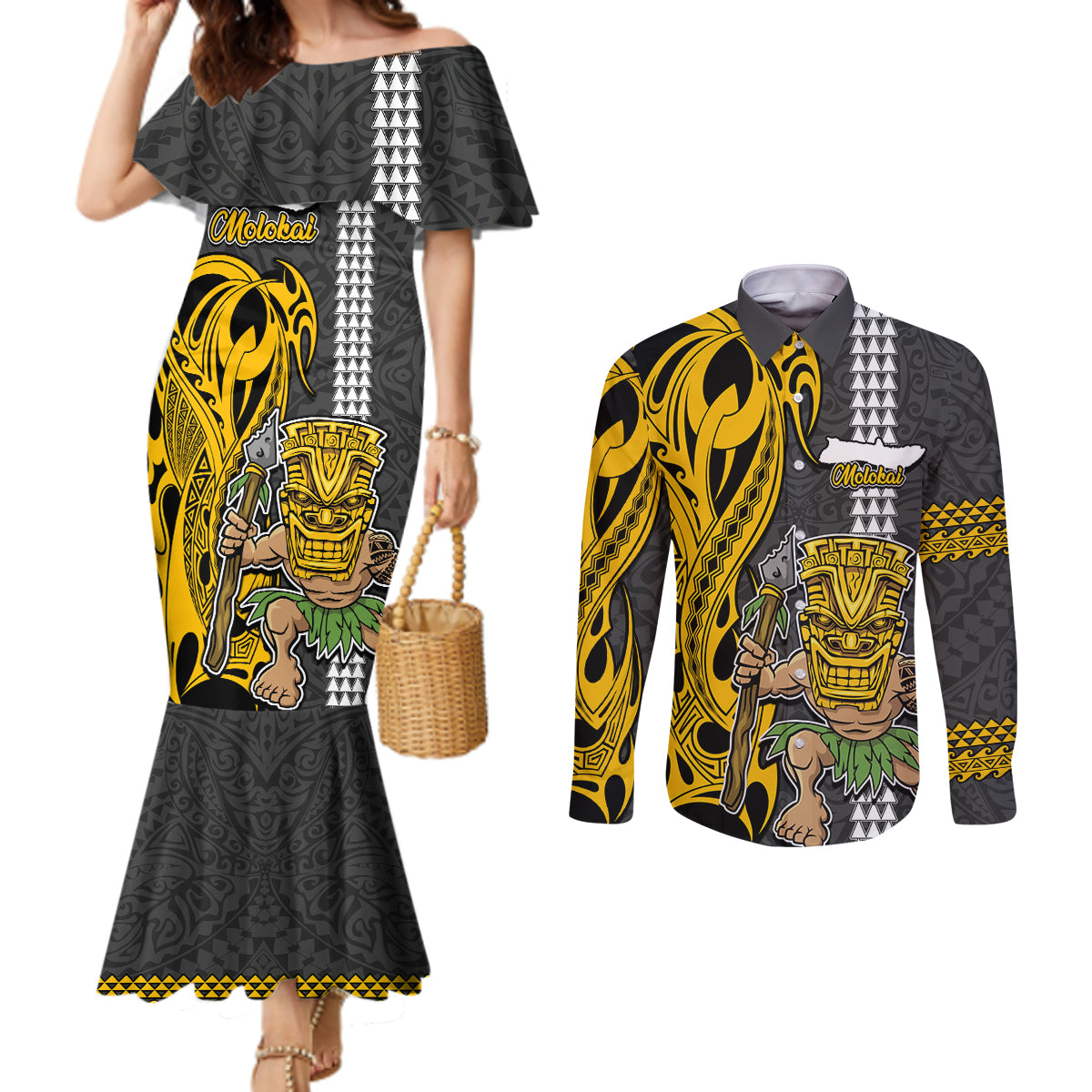 Custom Hawaii Molokai Island Couples Matching Mermaid Dress and Long Sleeve Button Shirts Hawaiian Warrior and Kakau Symbols Abstract Tattoo LT03 Yellow - Polynesian Pride