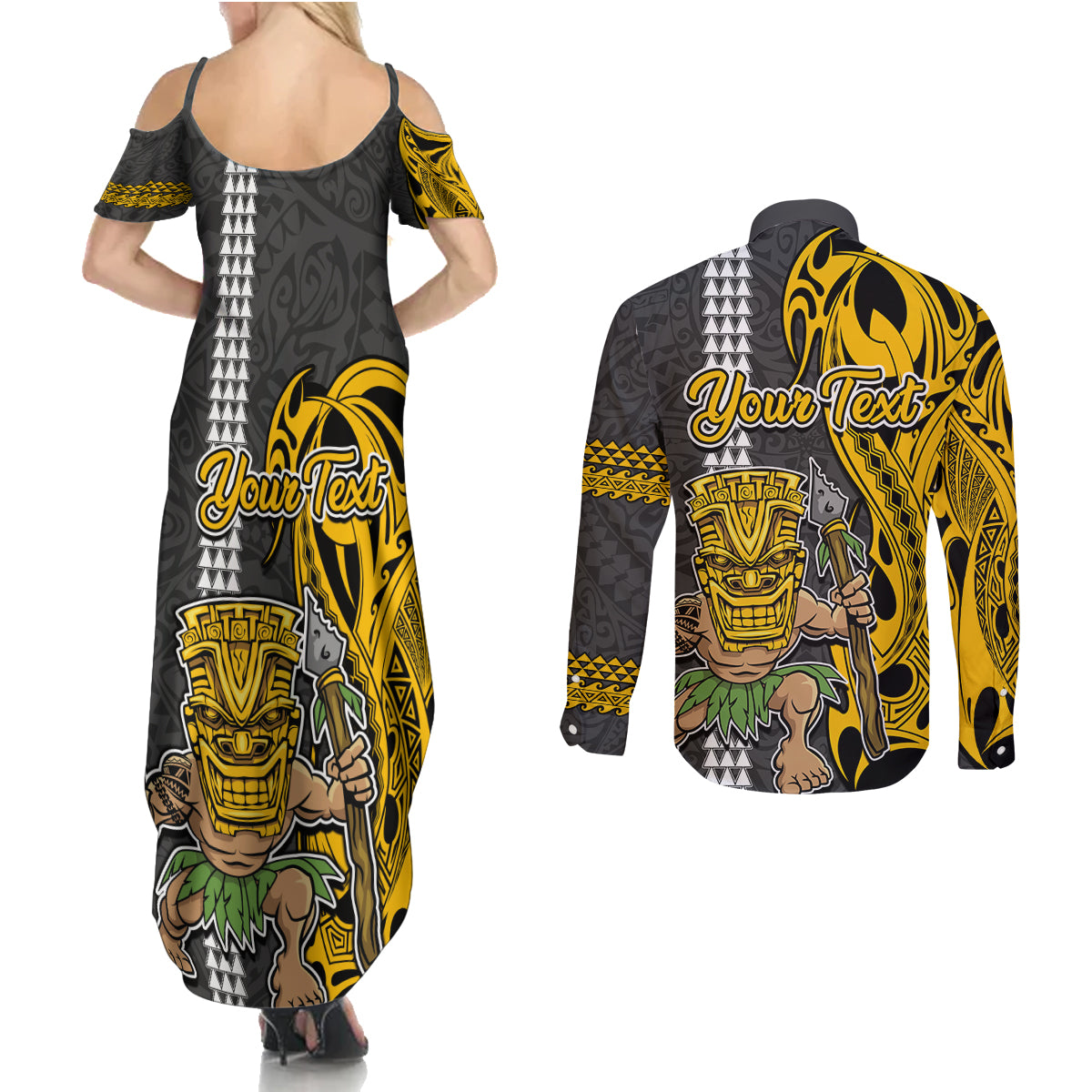 Custom Hawaii Molokai Island Couples Matching Summer Maxi Dress and Long Sleeve Button Shirts Hawaiian Warrior and Kakau Symbols Abstract Tattoo LT03 - Polynesian Pride