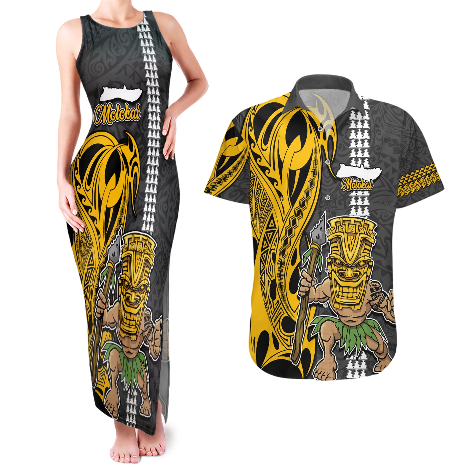 Custom Hawaii Molokai Island Couples Matching Tank Maxi Dress and Hawaiian Shirt Hawaiian Warrior and Kakau Symbols Abstract Tattoo LT03 Yellow - Polynesian Pride