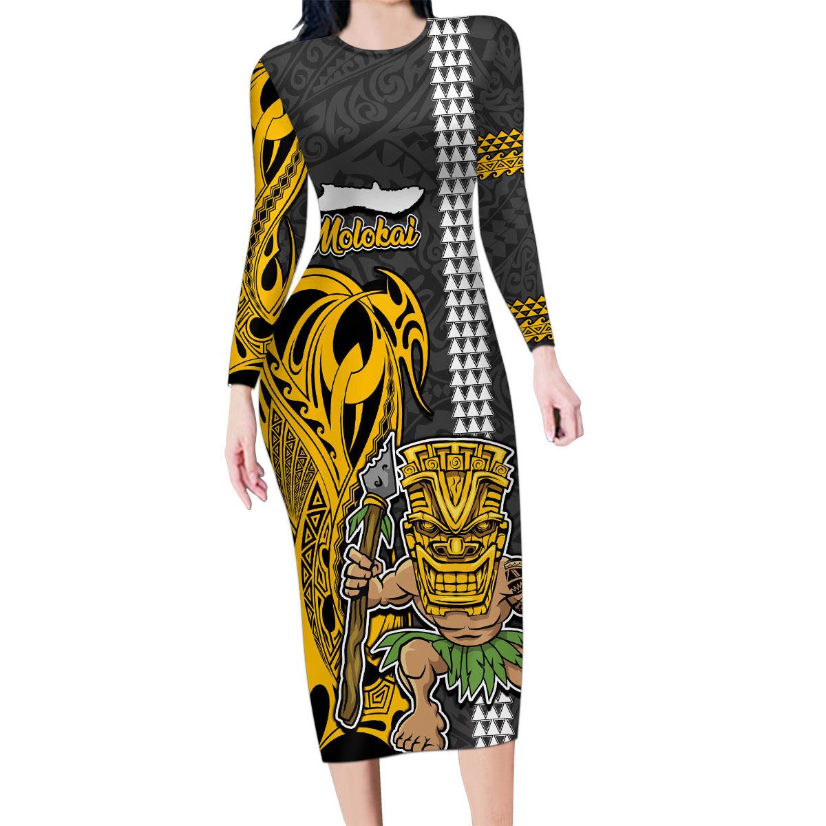 Custom Hawaii Molokai Island Family Matching Long Sleeve Bodycon Dress and Hawaiian Shirt Hawaiian Warrior and Kakau Symbols Abstract Tattoo LT03 Mom's Dress Yellow - Polynesian Pride