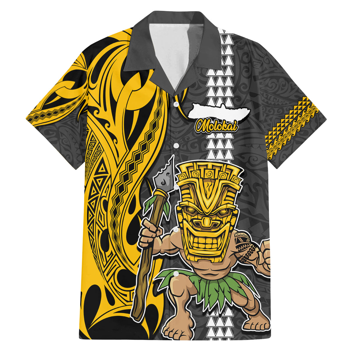 Custom Hawaii Molokai Island Family Matching Mermaid Dress and Hawaiian Shirt Hawaiian Warrior and Kakau Symbols Abstract Tattoo LT03 Dad's Shirt - Short Sleeve Yellow - Polynesian Pride
