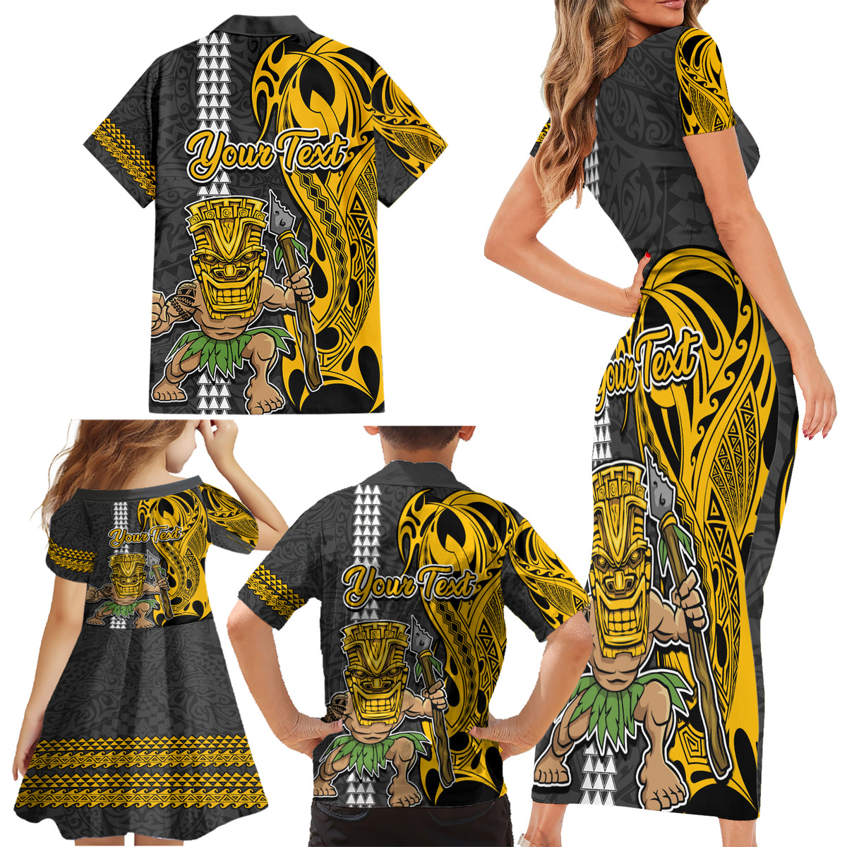 Custom Hawaii Molokai Island Family Matching Short Sleeve Bodycon Dress and Hawaiian Shirt Hawaiian Warrior and Kakau Symbols Abstract Tattoo LT03 - Polynesian Pride