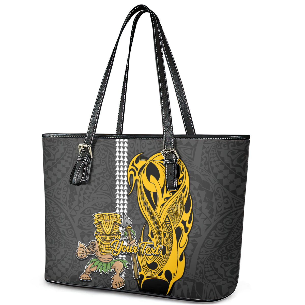 Custom Hawaii Molokai Island Leather Tote Bag Hawaiian Warrior and Kakau Symbols Abstract Tattoo LT03 - Polynesian Pride
