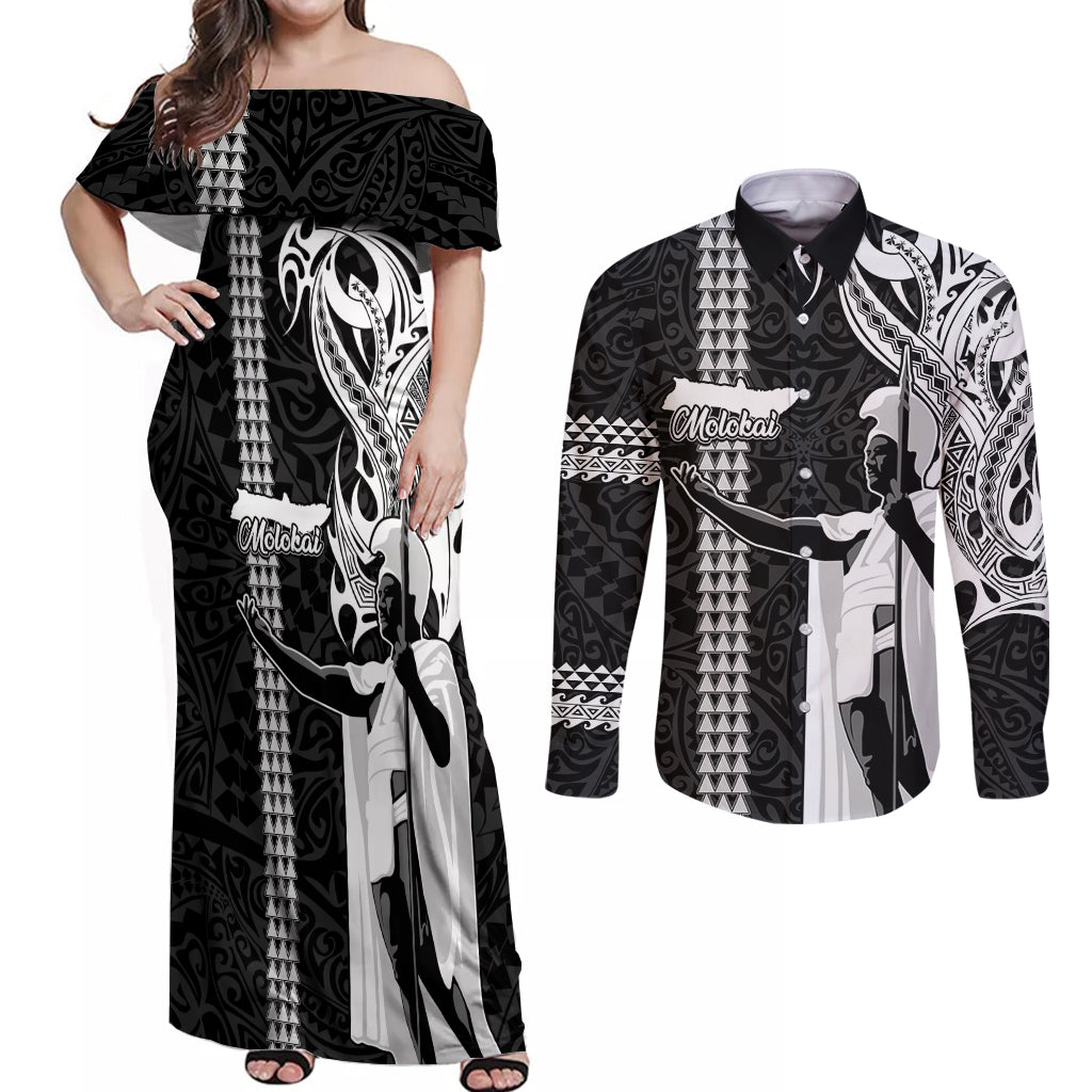 Hawaii Molokai Island Couples Matching Off Shoulder Maxi Dress and Long Sleeve Button Shirts Hawaiian King and Kakau Symbols Abstract Shoulder Tattoo LT03 Black - Polynesian Pride