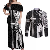 Hawaii Molokai Island Couples Matching Off Shoulder Maxi Dress and Long Sleeve Button Shirts Hawaiian King and Kakau Symbols Abstract Shoulder Tattoo LT03 Black - Polynesian Pride