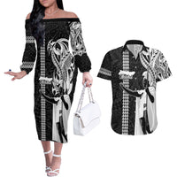Hawaii Molokai Island Couples Matching Off The Shoulder Long Sleeve Dress and Hawaiian Shirt Hawaiian King and Kakau Symbols Abstract Shoulder Tattoo LT03 Black - Polynesian Pride