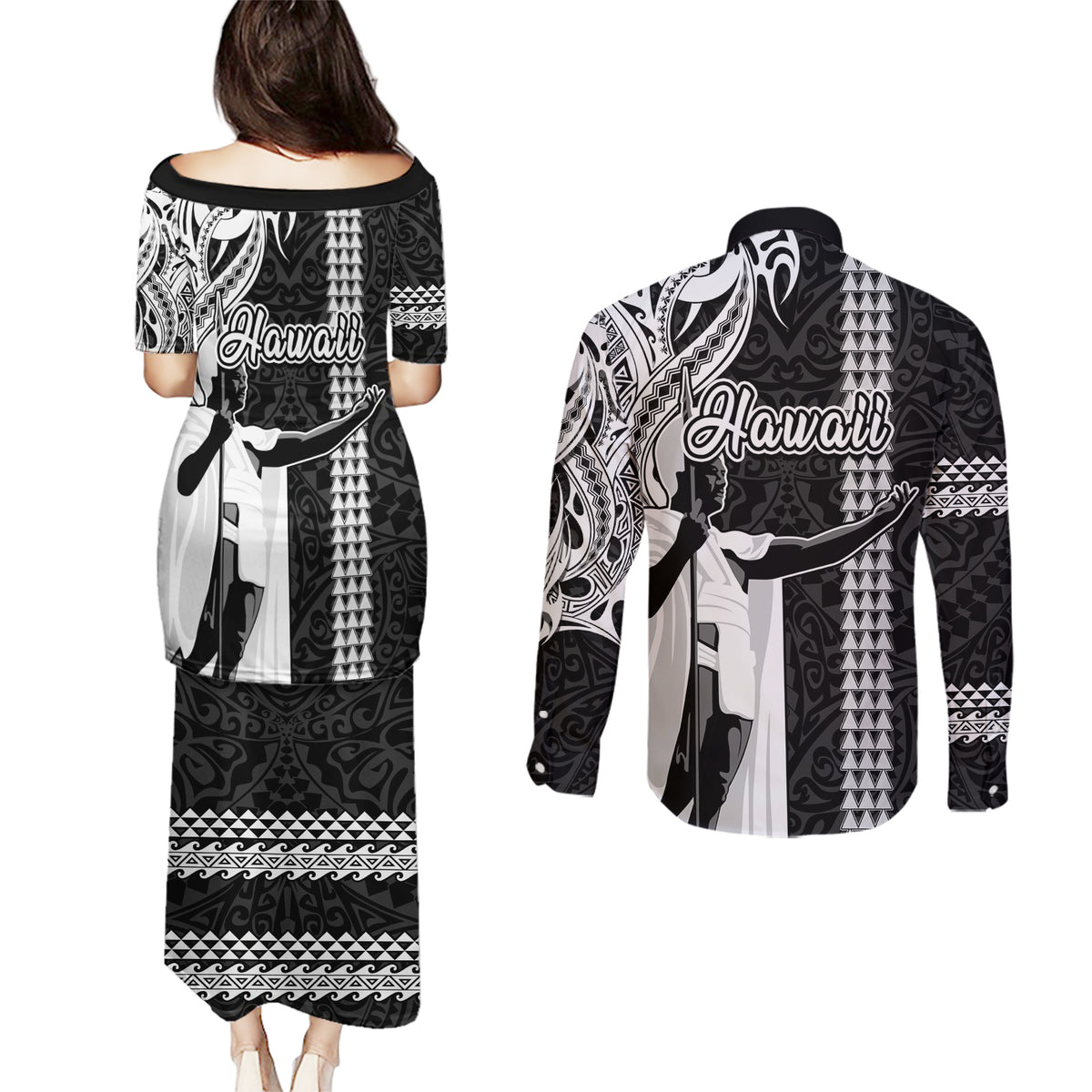 Hawaii Molokai Island Couples Matching Puletasi Dress and Long Sleeve Button Shirts Hawaiian King and Kakau Symbols Abstract Shoulder Tattoo LT03 - Polynesian Pride