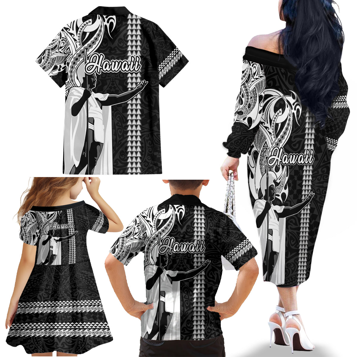 Hawaii Molokai Island Family Matching Off Shoulder Long Sleeve Dress and Hawaiian Shirt Hawaiian King and Kakau Symbols Abstract Shoulder Tattoo LT03 - Polynesian Pride