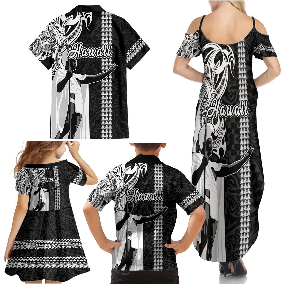 Hawaii Molokai Island Family Matching Summer Maxi Dress and Hawaiian Shirt Hawaiian King and Kakau Symbols Abstract Shoulder Tattoo LT03 - Polynesian Pride