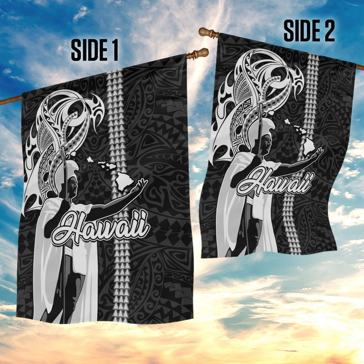 Hawaii Molokai Island Garden Flag Hawaiian King and Kakau Symbols Abstract Shoulder Tattoo LT03 - Polynesian Pride