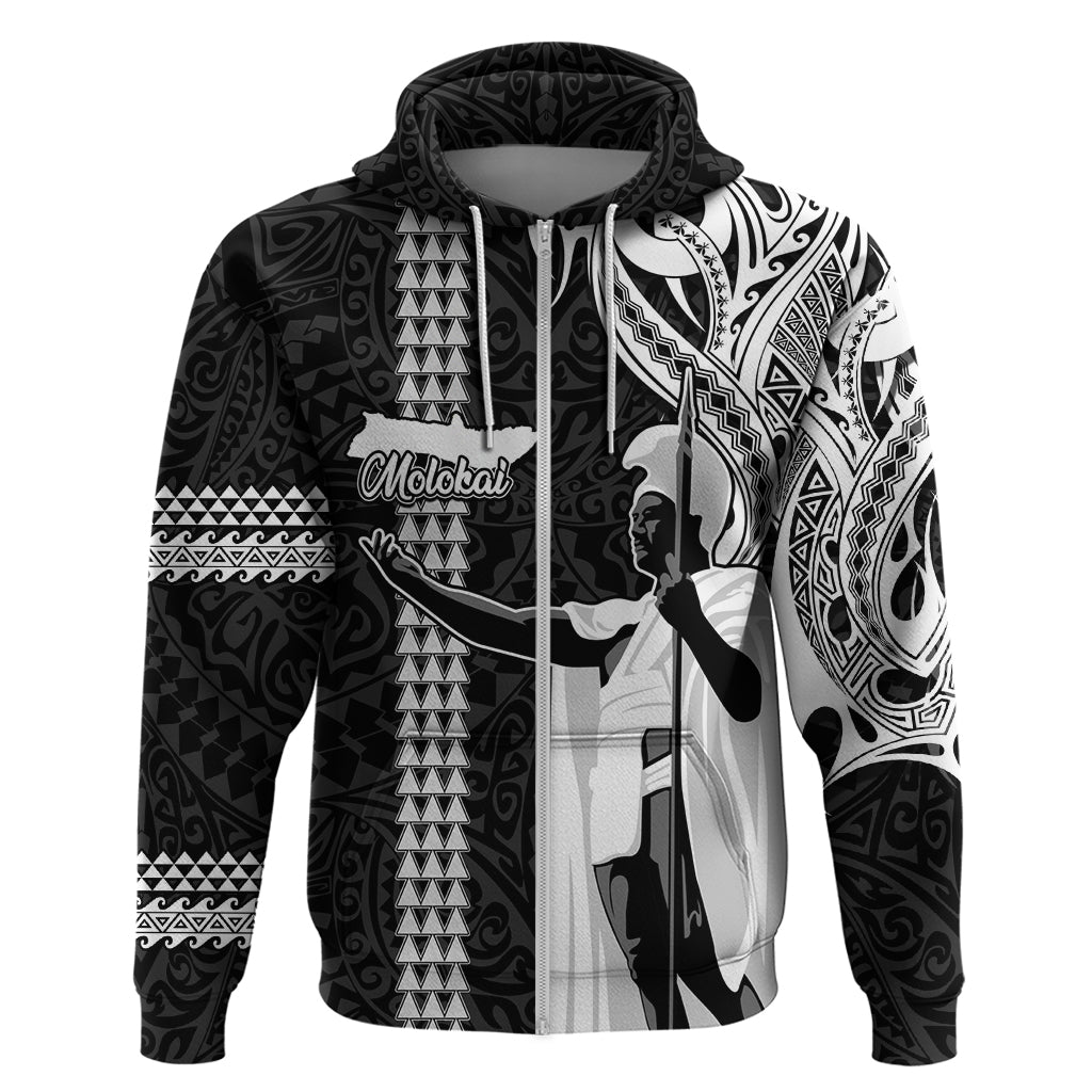 Hawaii Molokai Island Hoodie Hawaiian King and Kakau Symbols Abstract Shoulder Tattoo LT03 Zip Hoodie Black - Polynesian Pride