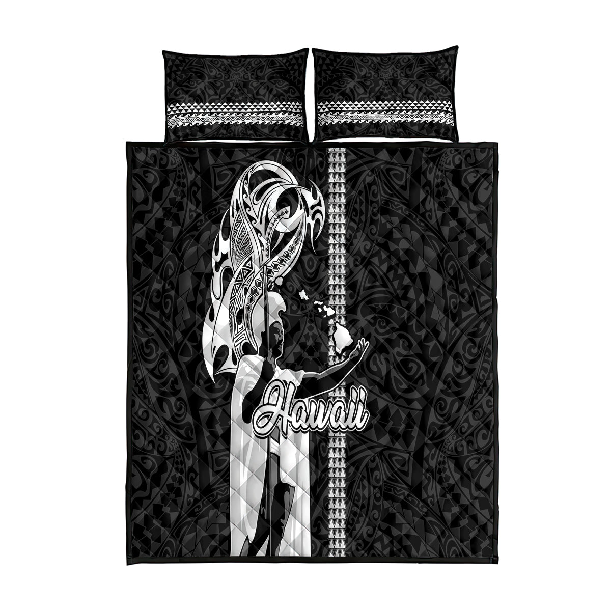 Hawaii Molokai Island Quilt Bed Set Hawaiian King and Kakau Symbols Abstract Shoulder Tattoo LT03 Black - Polynesian Pride