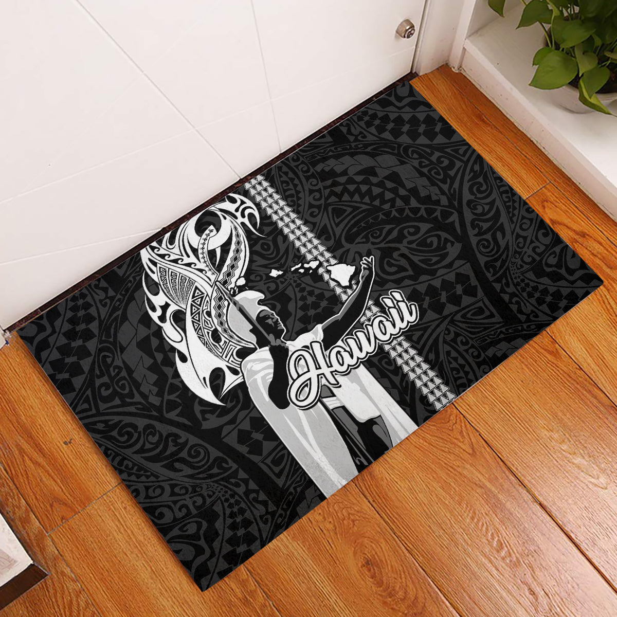 Hawaii Molokai Island Rubber Doormat Hawaiian King and Kakau Symbols Abstract Shoulder Tattoo LT03 Black - Polynesian Pride