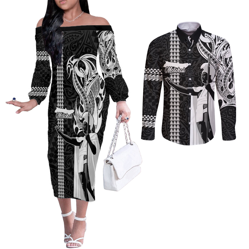 Custom Hawaii Molokai Island Couples Matching Off The Shoulder Long Sleeve Dress and Long Sleeve Button Shirts Hawaiian King and Kakau Symbols Abstract Shoulder Tattoo LT03 Black - Polynesian Pride