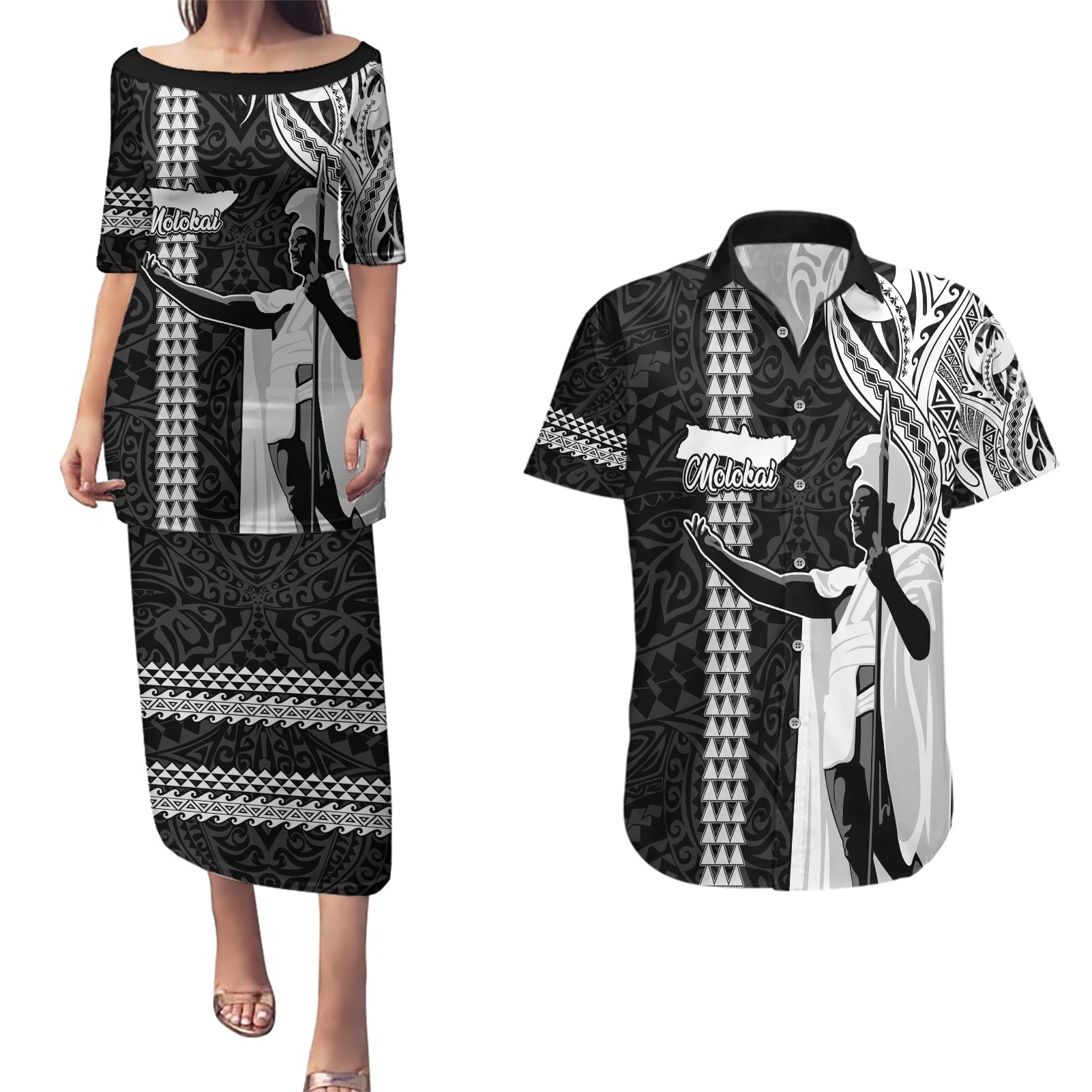 Custom Hawaii Molokai Island Couples Matching Puletasi Dress and Hawaiian Shirt Hawaiian King and Kakau Symbols Abstract Shoulder Tattoo LT03 Black - Polynesian Pride