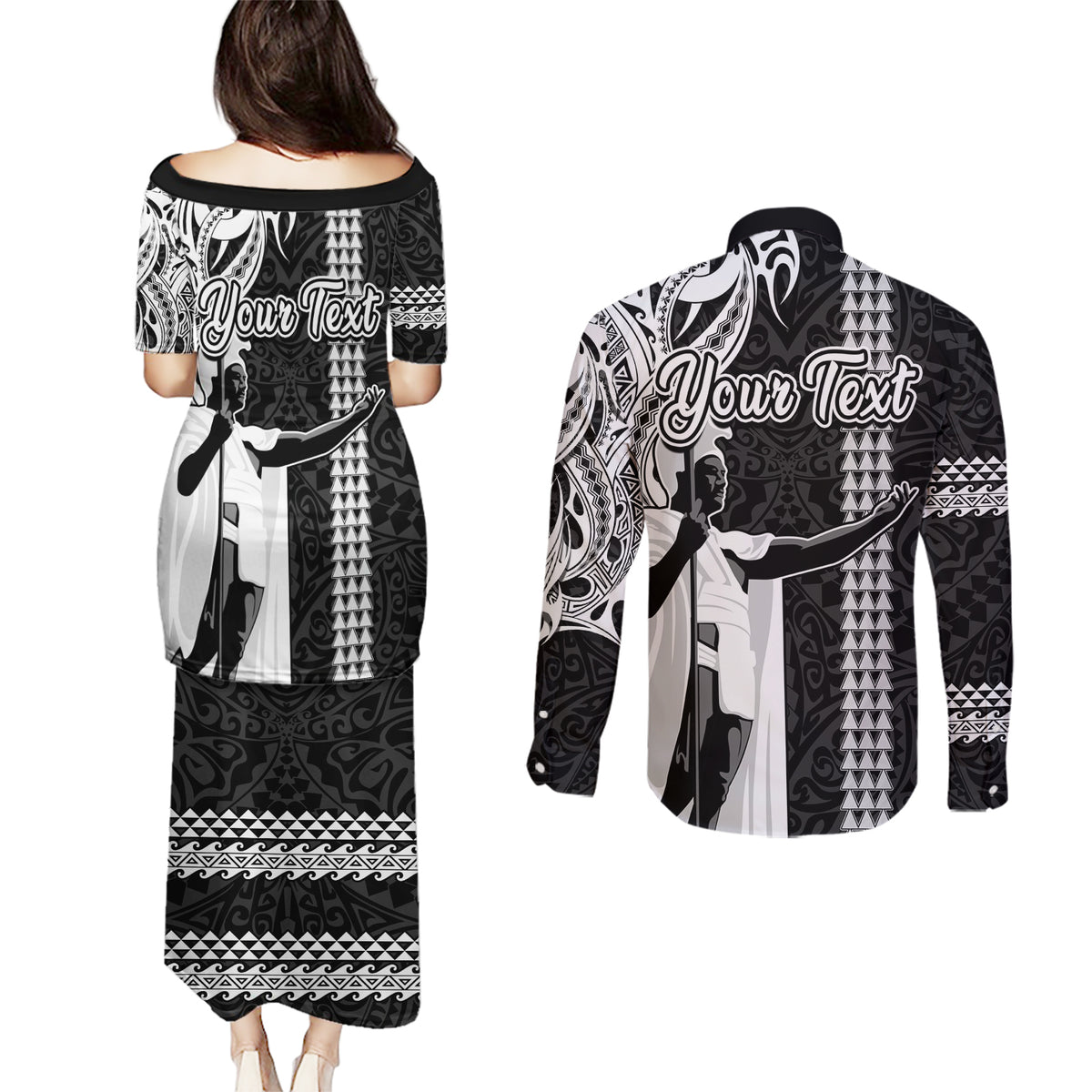 Custom Hawaii Molokai Island Couples Matching Puletasi Dress and Long Sleeve Button Shirts Hawaiian King and Kakau Symbols Abstract Shoulder Tattoo LT03 - Polynesian Pride