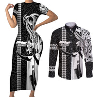 Custom Hawaii Molokai Island Couples Matching Short Sleeve Bodycon Dress and Long Sleeve Button Shirts Hawaiian King and Kakau Symbols Abstract Shoulder Tattoo LT03 Black - Polynesian Pride