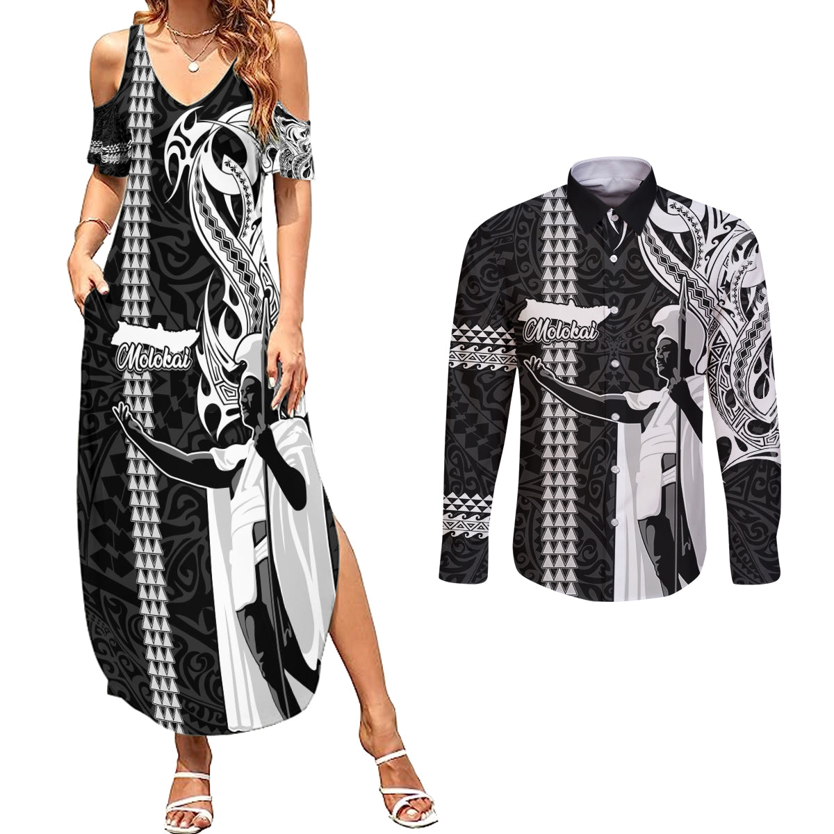 Custom Hawaii Molokai Island Couples Matching Summer Maxi Dress and Long Sleeve Button Shirts Hawaiian King and Kakau Symbols Abstract Shoulder Tattoo LT03 Black - Polynesian Pride