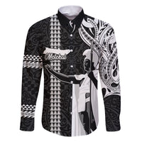 Custom Hawaii Molokai Island Family Matching Puletasi Dress and Hawaiian Shirt Hawaiian King and Kakau Symbols Abstract Shoulder Tattoo LT03 Dad's Shirt - Long Sleeve Black - Polynesian Pride