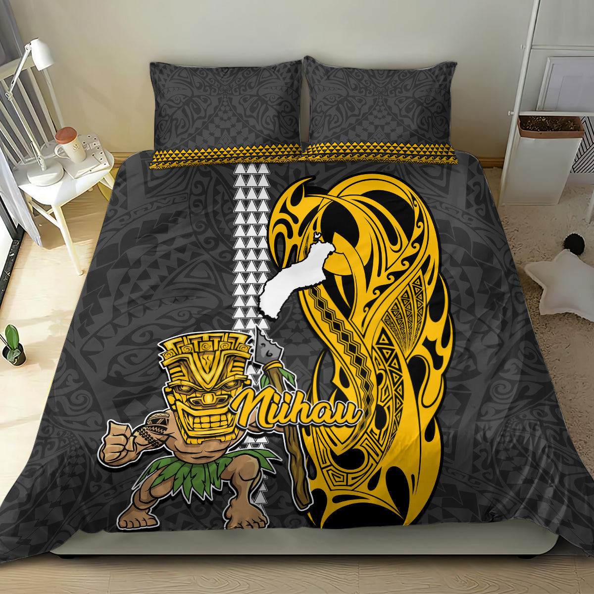 Hawaii Niihau Island Bedding Set Hawaiian Warrior and Kakau Symbols Abstract Tattoo LT03 - Polynesian Pride