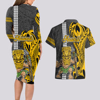 Hawaii Niihau Island Couples Matching Long Sleeve Bodycon Dress and Hawaiian Shirt Hawaiian Warrior and Kakau Symbols Abstract Tattoo LT03 - Polynesian Pride