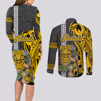 Hawaii Niihau Island Couples Matching Long Sleeve Bodycon Dress and Long Sleeve Button Shirts Hawaiian Warrior and Kakau Symbols Abstract Tattoo LT03 - Polynesian Pride