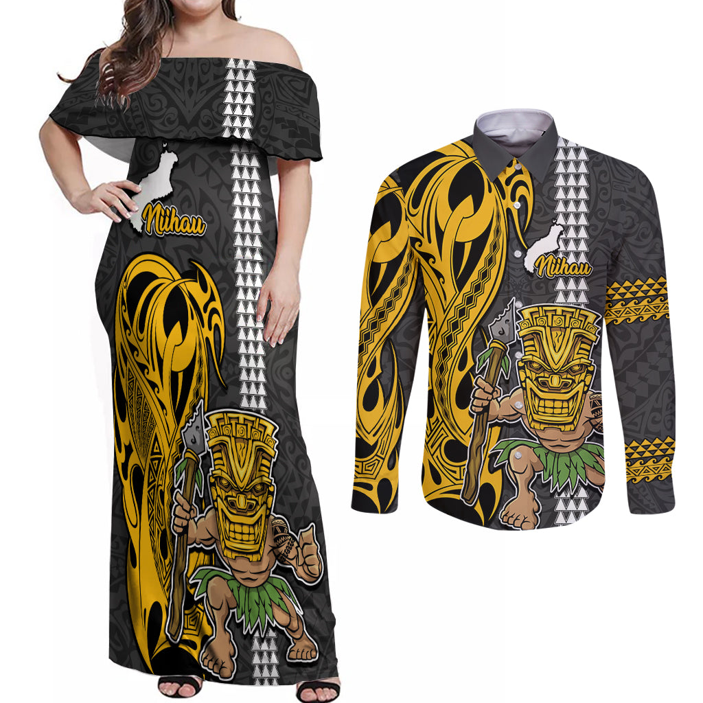 Hawaii Niihau Island Couples Matching Off Shoulder Maxi Dress and Long Sleeve Button Shirts Hawaiian Warrior and Kakau Symbols Abstract Tattoo LT03 Yellow - Polynesian Pride