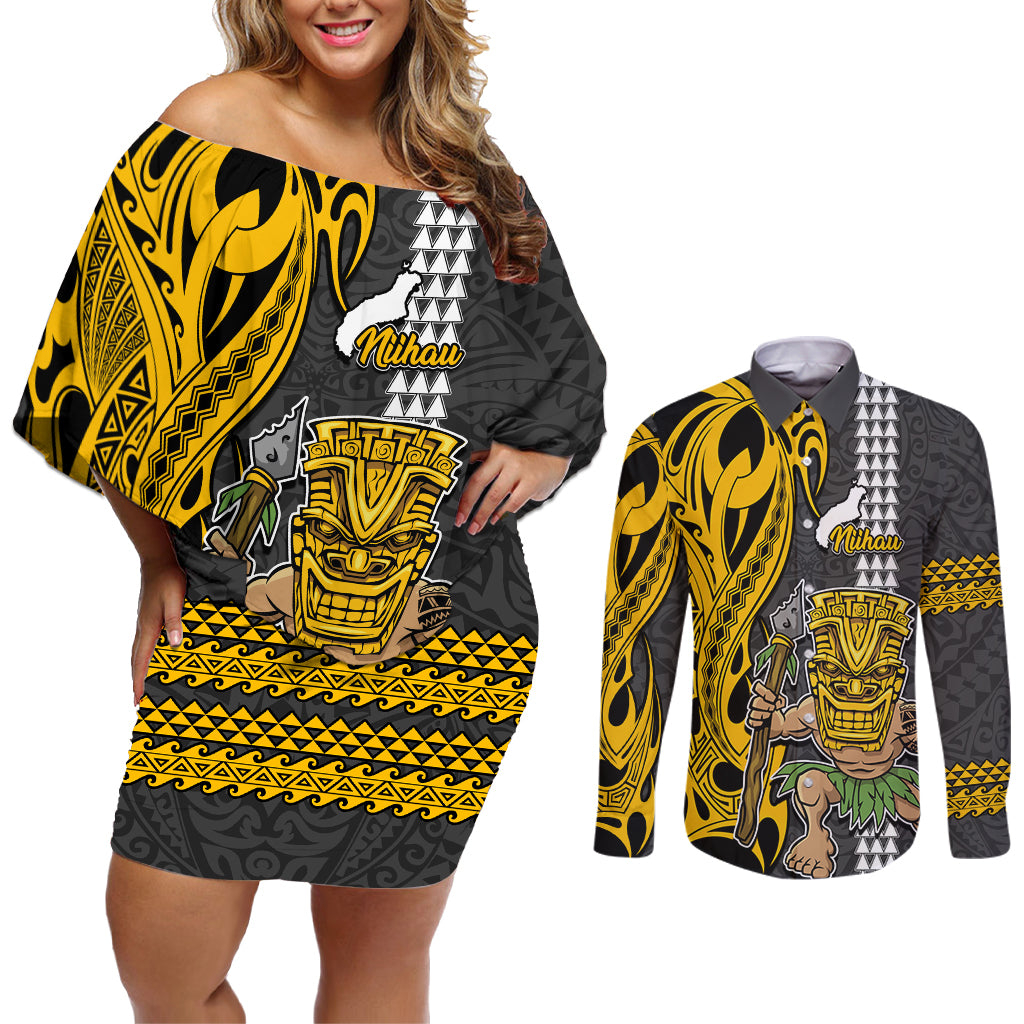Hawaii Niihau Island Couples Matching Off Shoulder Short Dress and Long Sleeve Button Shirts Hawaiian Warrior and Kakau Symbols Abstract Tattoo LT03 Yellow - Polynesian Pride