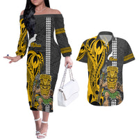Hawaii Niihau Island Couples Matching Off The Shoulder Long Sleeve Dress and Hawaiian Shirt Hawaiian Warrior and Kakau Symbols Abstract Tattoo LT03 Yellow - Polynesian Pride