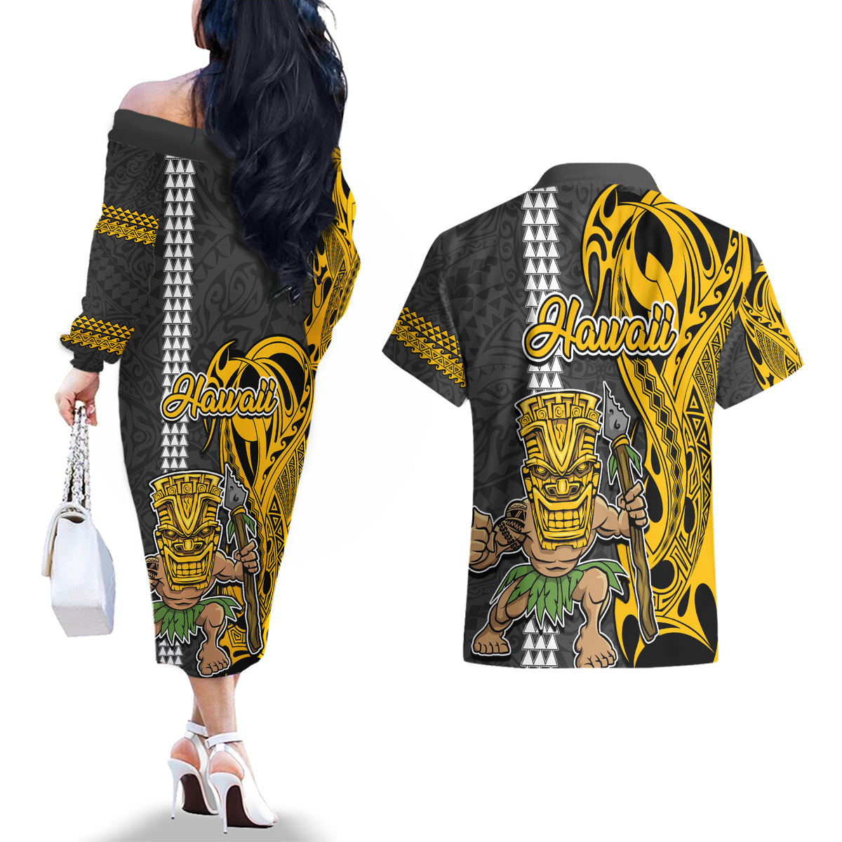 Hawaii Niihau Island Couples Matching Off The Shoulder Long Sleeve Dress and Hawaiian Shirt Hawaiian Warrior and Kakau Symbols Abstract Tattoo LT03 - Polynesian Pride