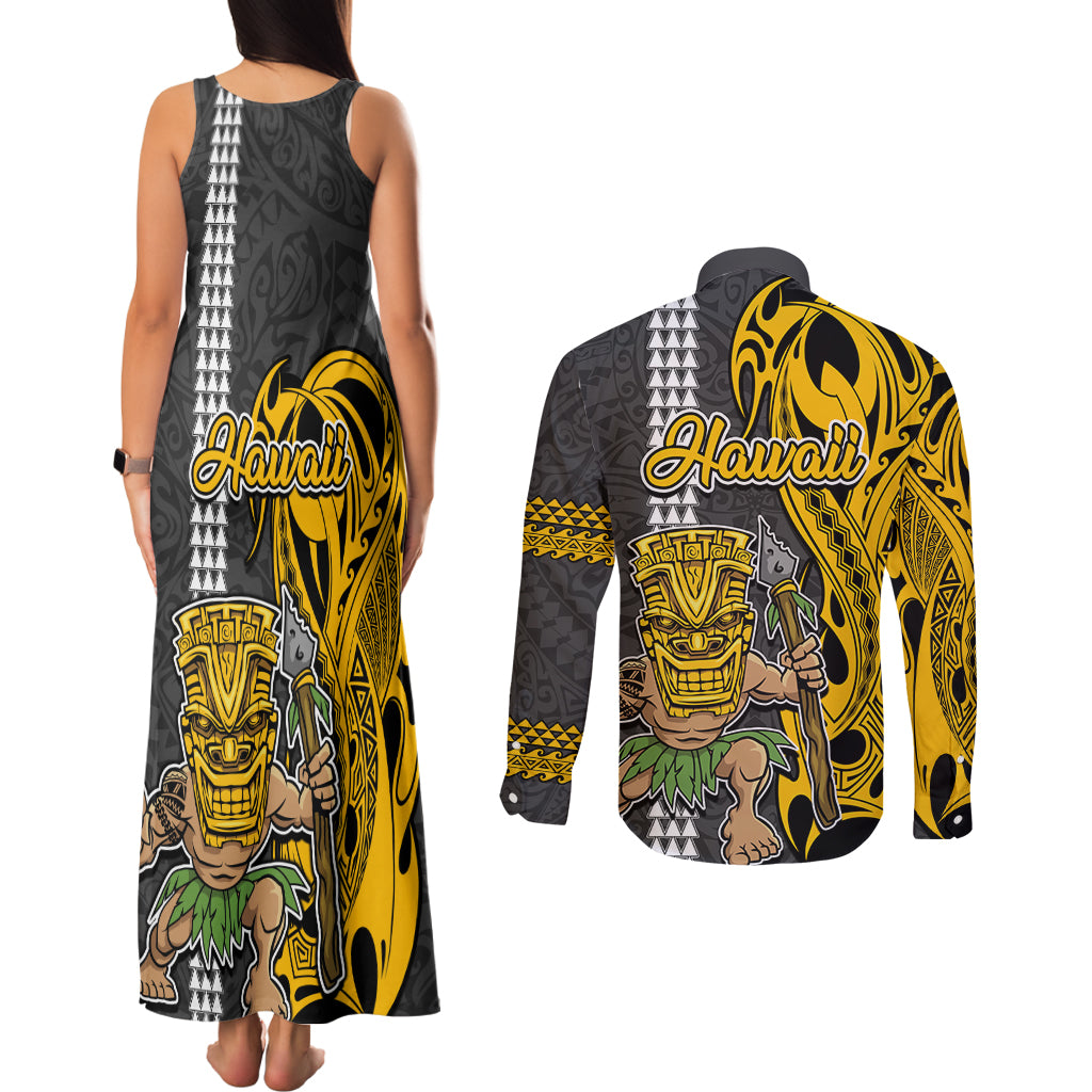 Hawaii Niihau Island Couples Matching Tank Maxi Dress and Long Sleeve Button Shirts Hawaiian Warrior and Kakau Symbols Abstract Tattoo LT03 - Polynesian Pride