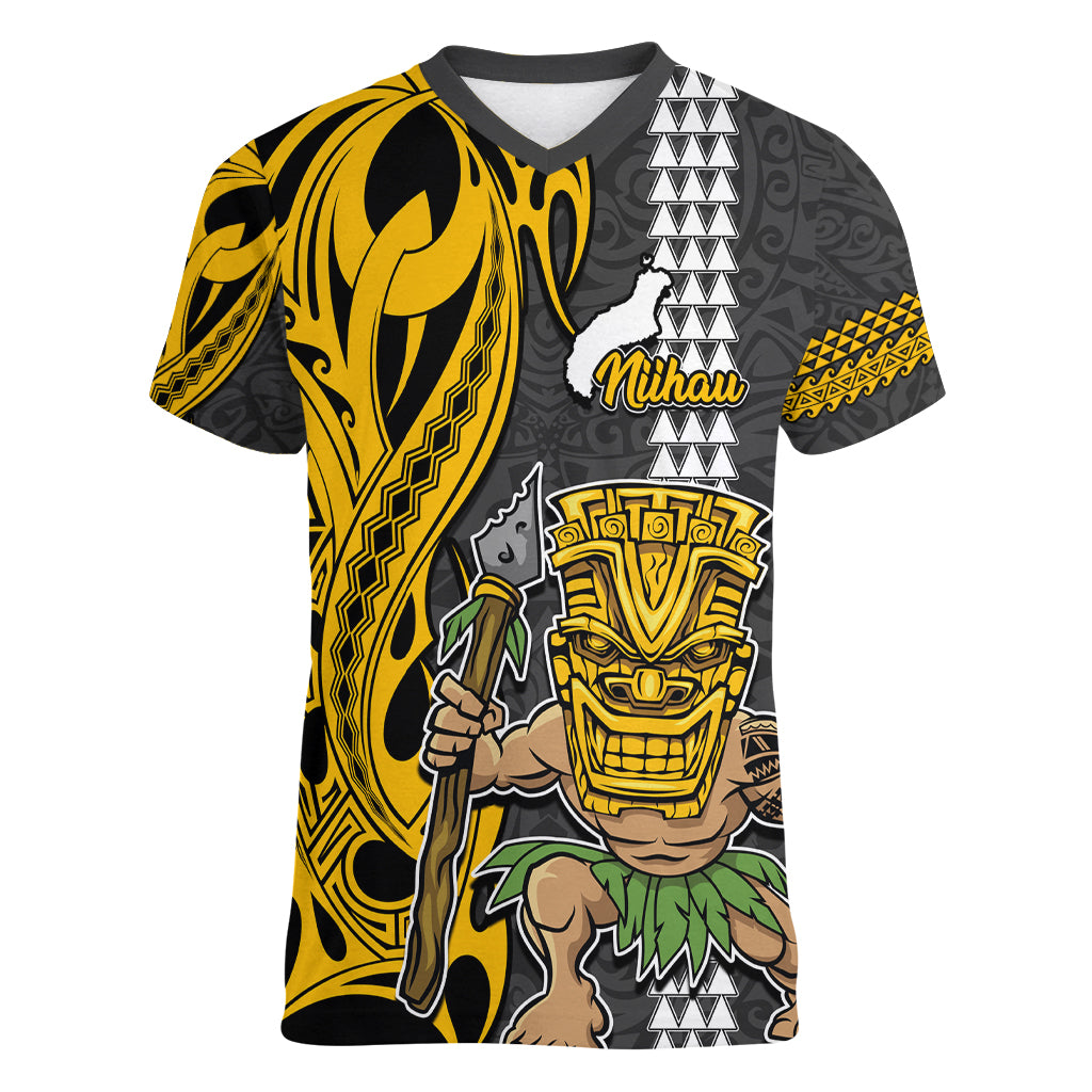 Hawaii Niihau Island Women V Neck T Shirt Hawaiian Warrior and Kakau Symbols Abstract Tattoo LT03 Female Yellow - Polynesian Pride