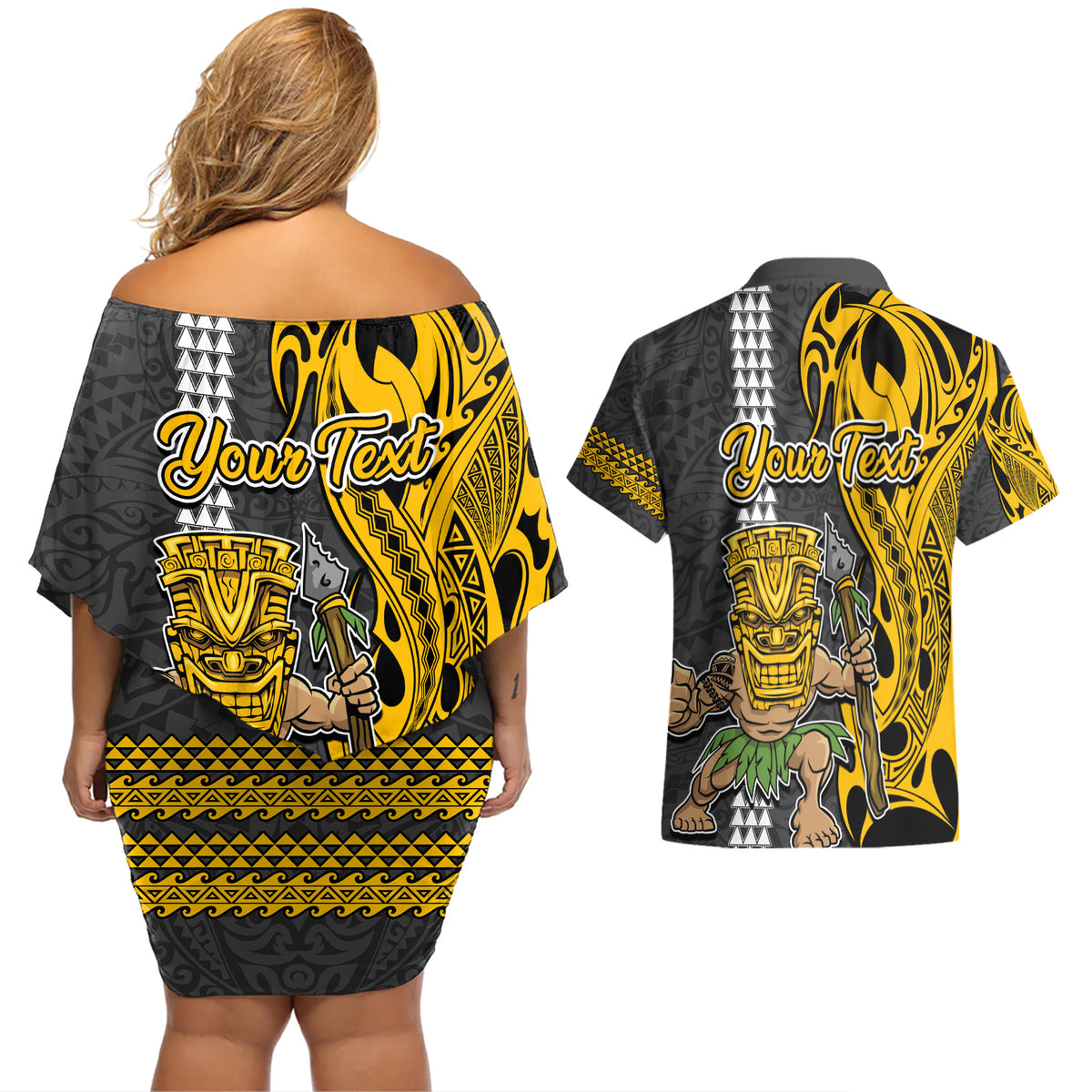 Custom Hawaii Niihau Island Couples Matching Off Shoulder Short Dress and Hawaiian Shirt Hawaiian Warrior and Kakau Symbols Abstract Tattoo LT03 - Polynesian Pride