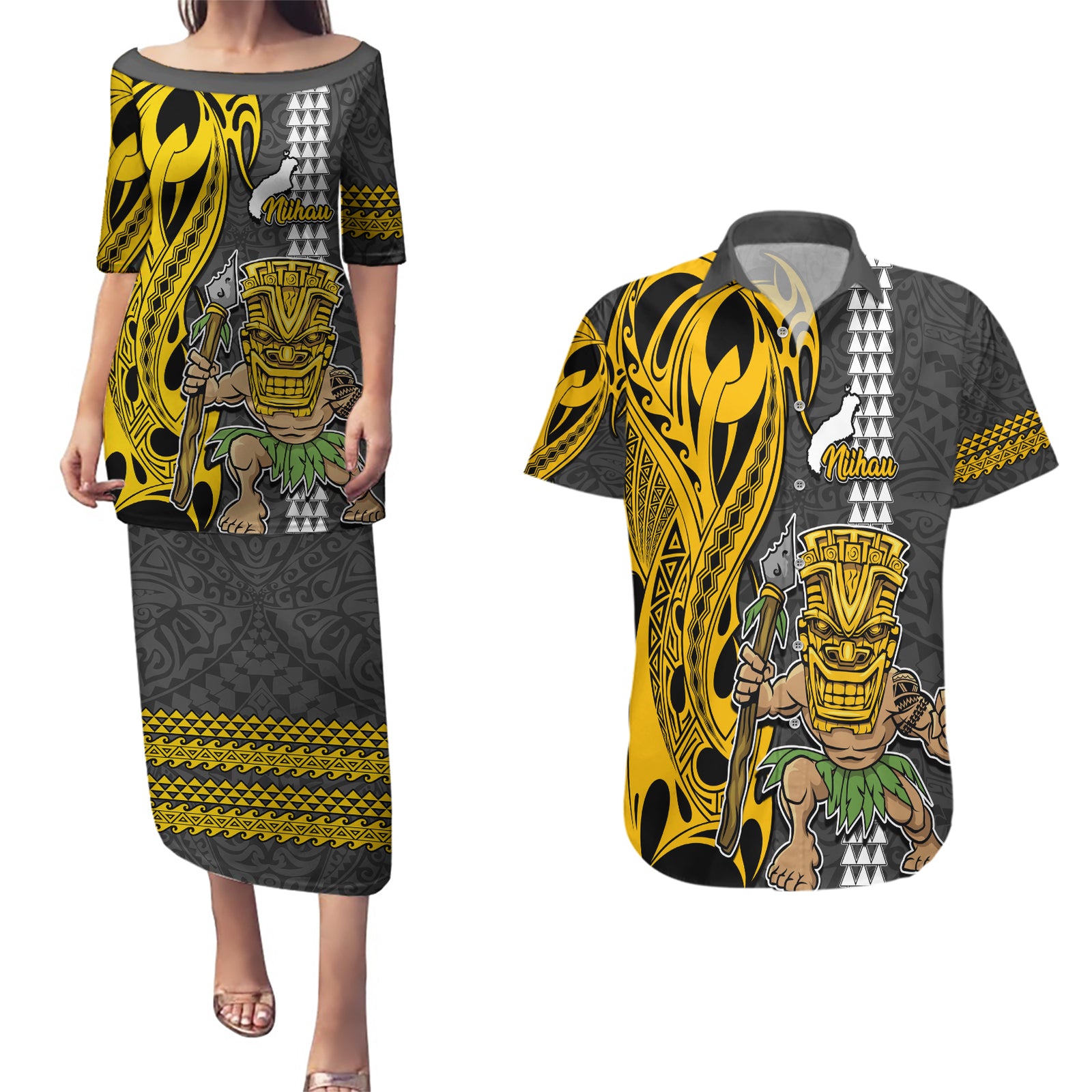 Custom Hawaii Niihau Island Couples Matching Puletasi Dress and Hawaiian Shirt Hawaiian Warrior and Kakau Symbols Abstract Tattoo LT03 Yellow - Polynesian Pride