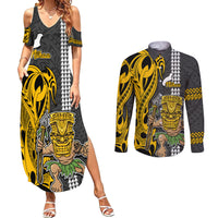 Custom Hawaii Niihau Island Couples Matching Summer Maxi Dress and Long Sleeve Button Shirts Hawaiian Warrior and Kakau Symbols Abstract Tattoo LT03 Yellow - Polynesian Pride