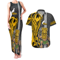 Custom Hawaii Niihau Island Couples Matching Tank Maxi Dress and Hawaiian Shirt Hawaiian Warrior and Kakau Symbols Abstract Tattoo LT03 Yellow - Polynesian Pride
