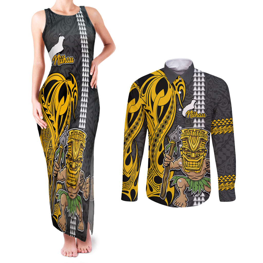Custom Hawaii Niihau Island Couples Matching Tank Maxi Dress and Long Sleeve Button Shirts Hawaiian Warrior and Kakau Symbols Abstract Tattoo LT03 Yellow - Polynesian Pride